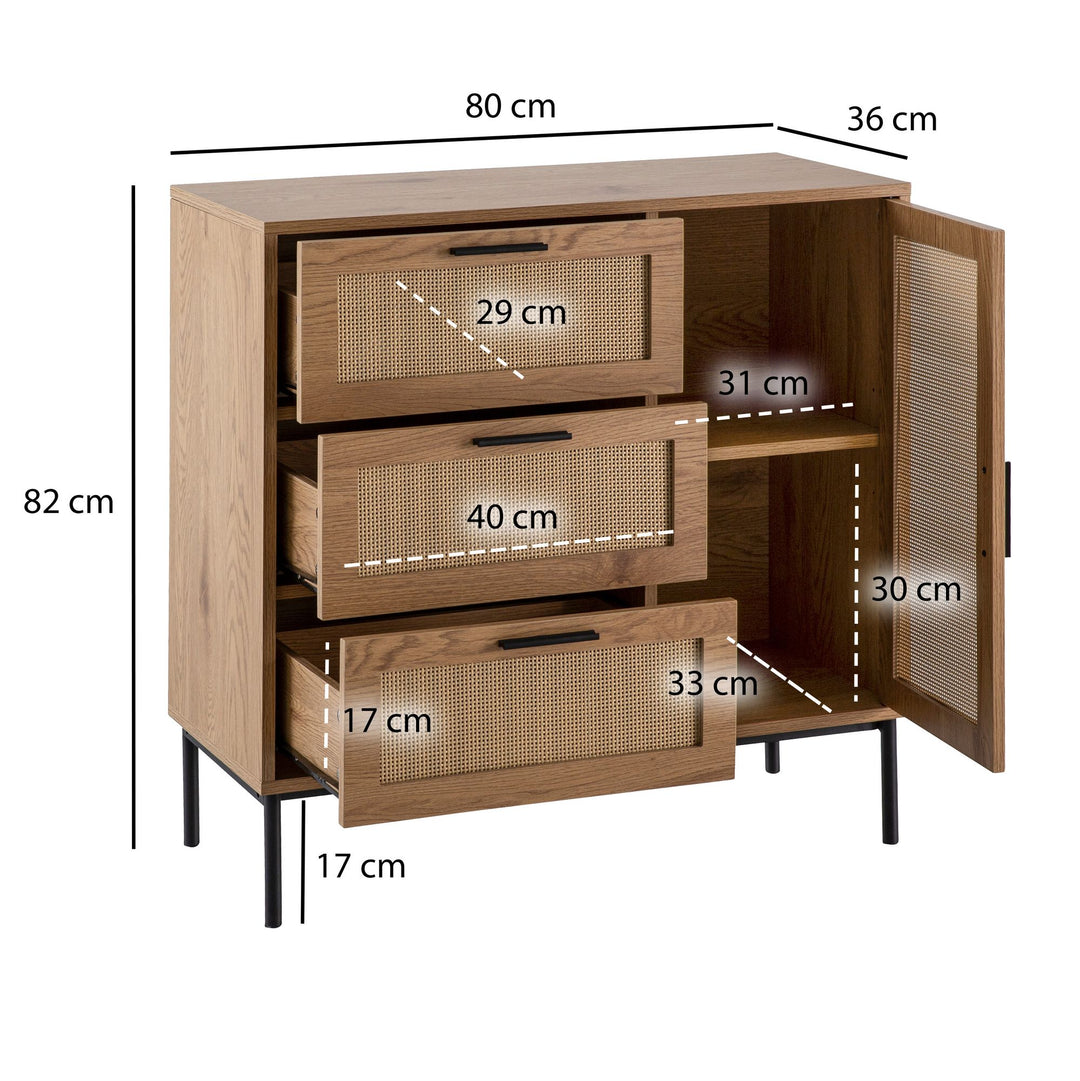 Smuk kommode i japandi-stil, rattanflet, 80x82x36 cm, naturfarvet