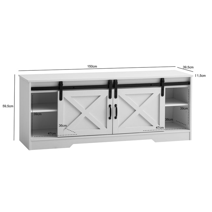Hvidt lavskab 150x59,5x39,5 cm, TV-skab, landlig stil, moderne, designer TV-bord, højt TV-møbel, TV-bord, TV-skab med to skydedøre, TV-skab til stue