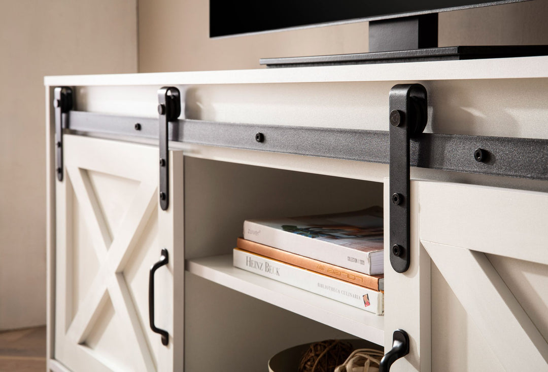 Hvidt lavskab 150x59,5x39,5 cm, TV-skab, landlig stil, moderne, designer TV-bord, højt TV-møbel, TV-bord, TV-skab med to skydedøre, TV-skab til stue