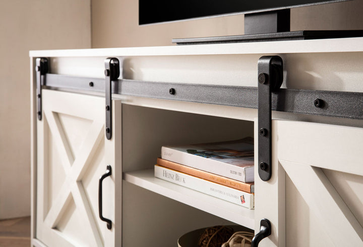 Hvidt lavskab 150x59,5x39,5 cm, TV-skab, landlig stil, moderne, designer TV-bord, højt TV-møbel, TV-bord, TV-skab med to skydedøre, TV-skab til stue