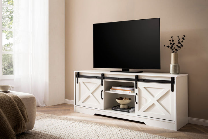 Hvidt lavskab 150x59,5x39,5 cm, TV-skab, landlig stil, moderne, designer TV-bord, højt TV-møbel, TV-bord, TV-skab med to skydedøre, TV-skab til stue