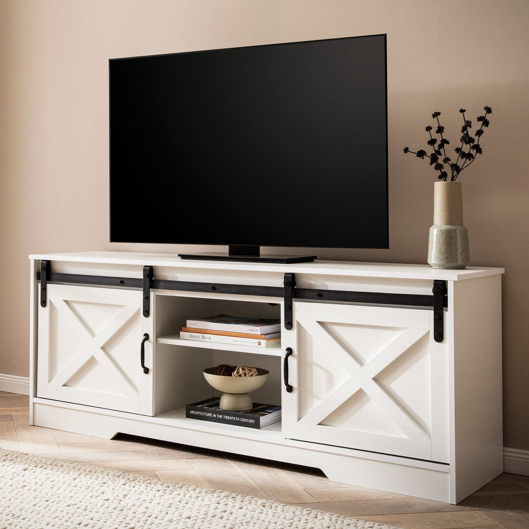 Hvidt lavskab 150x59,5x39,5 cm, TV-skab, landlig stil, moderne, designer TV-bord, højt TV-møbel, TV-bord, TV-skab med to skydedøre, TV-skab til stue