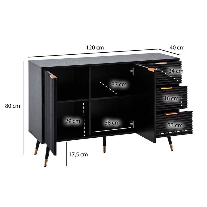 Stilfuld kommode / skænk, 120x80x40 cm, sort med guldfarve på ben