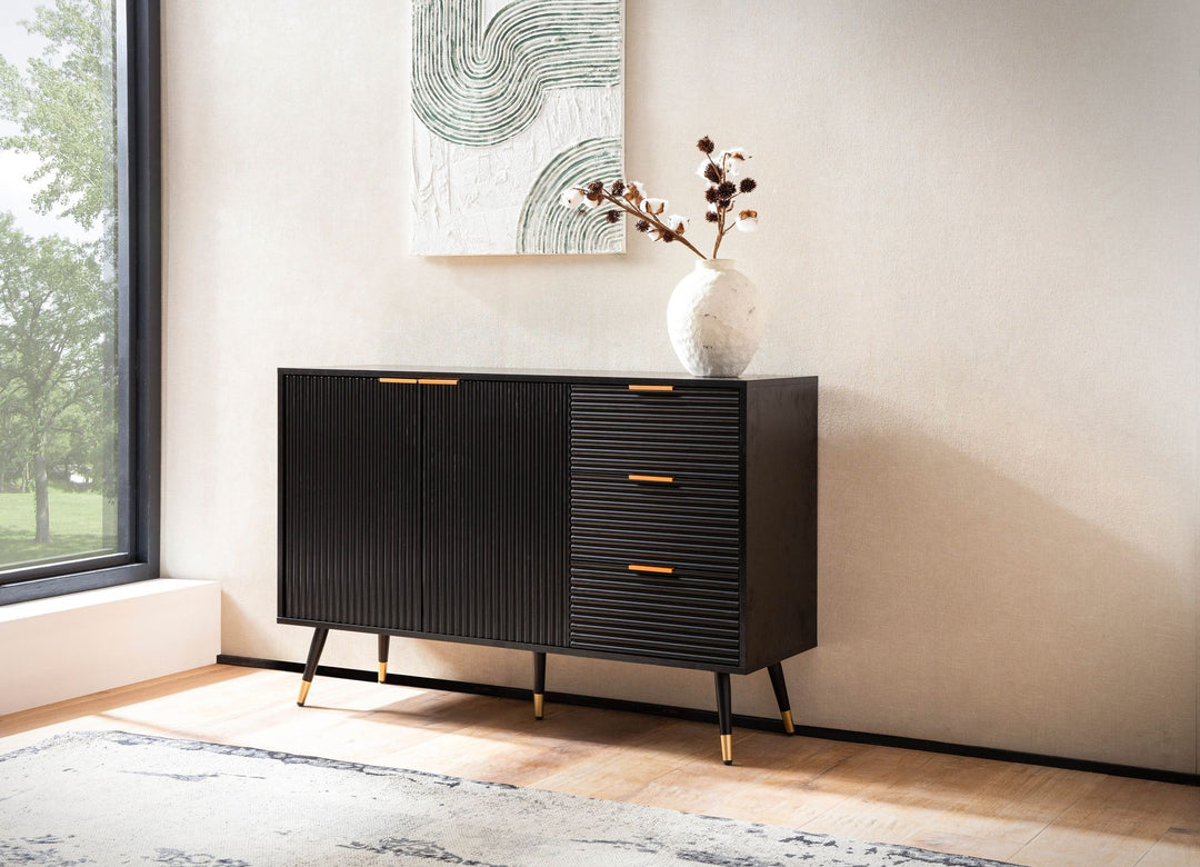 Stilfuld kommode / skænk, 120x80x40 cm, sort med guldfarve på ben
