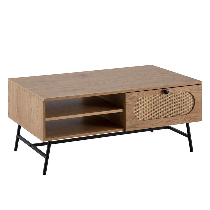 Smukt sofabord i japandi-look med rattanflet, 100x60x45 cm, naturfarvet