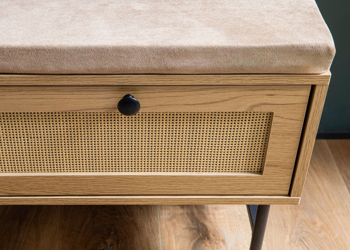 Skobænk med stofsæde 100x48x38 cm, entrébænk med egetræsdekor, lille polstret rattanbænk, smal entrébænk med opbevaring, entrébænk møbler med skuffer