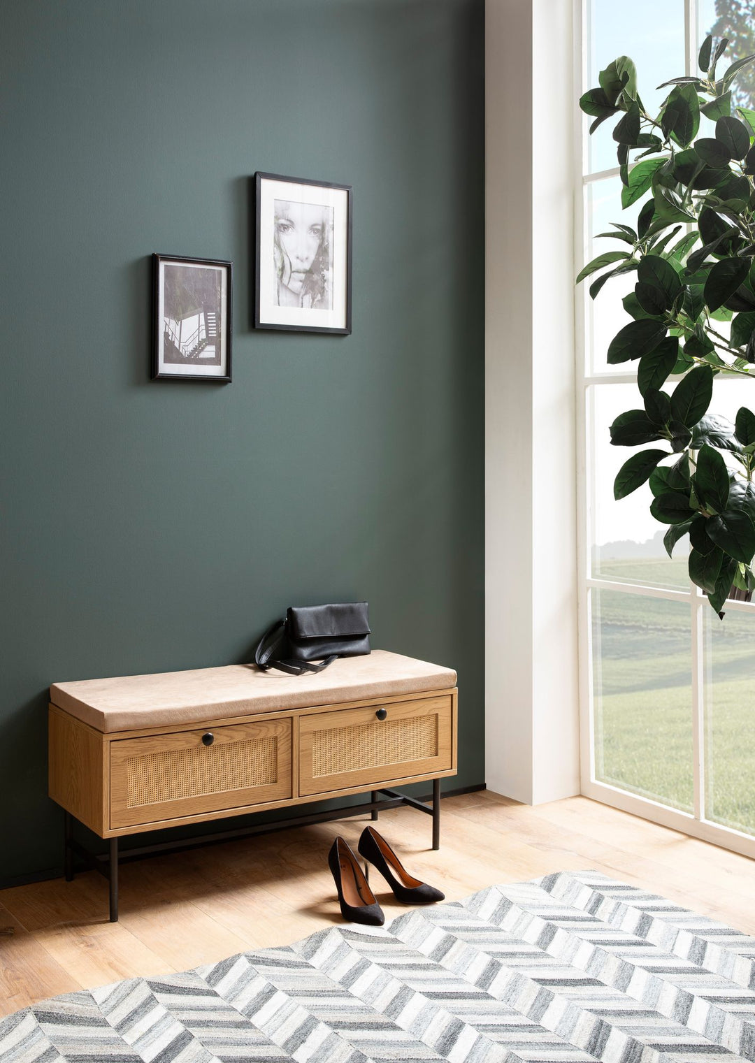 Skobænk med stofsæde 100x48x38 cm, entrébænk med egetræsdekor, lille polstret rattanbænk, smal entrébænk med opbevaring, entrébænk møbler med skuffer