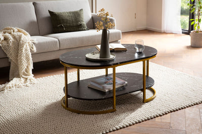 Moderne sofabord i sort med marmorlook og gyldent metalstativ, 100x60x45 cm