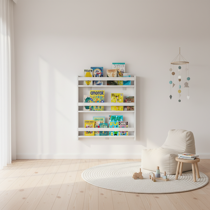 Vægreol til børneværelset, god til billedbøger, 80x70x10 cm, hvid