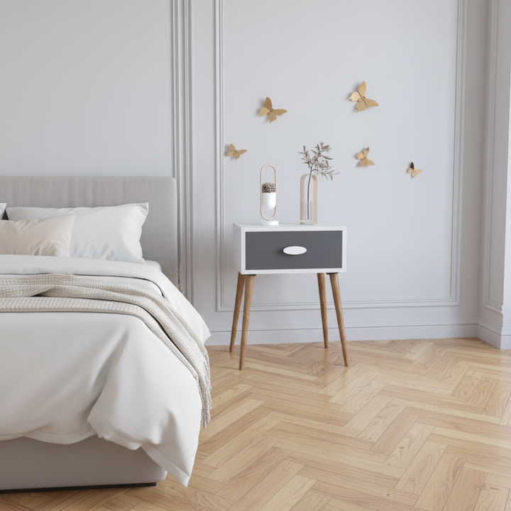 Natbord med skuffe, 60er stil, 60x45x30 cm, naturfarvet og grå