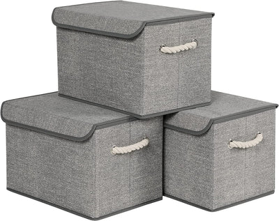 Opbevaringsbokse, Sæt med 3 stofkasser med låg, grå