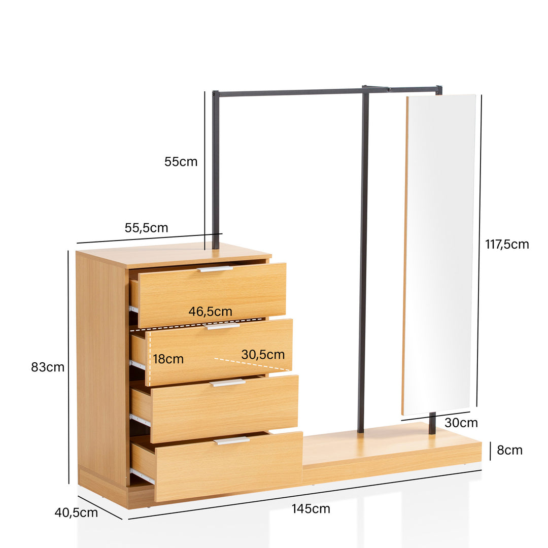 Garderobe i egedekor med spejl - 145x138x40,5 cm