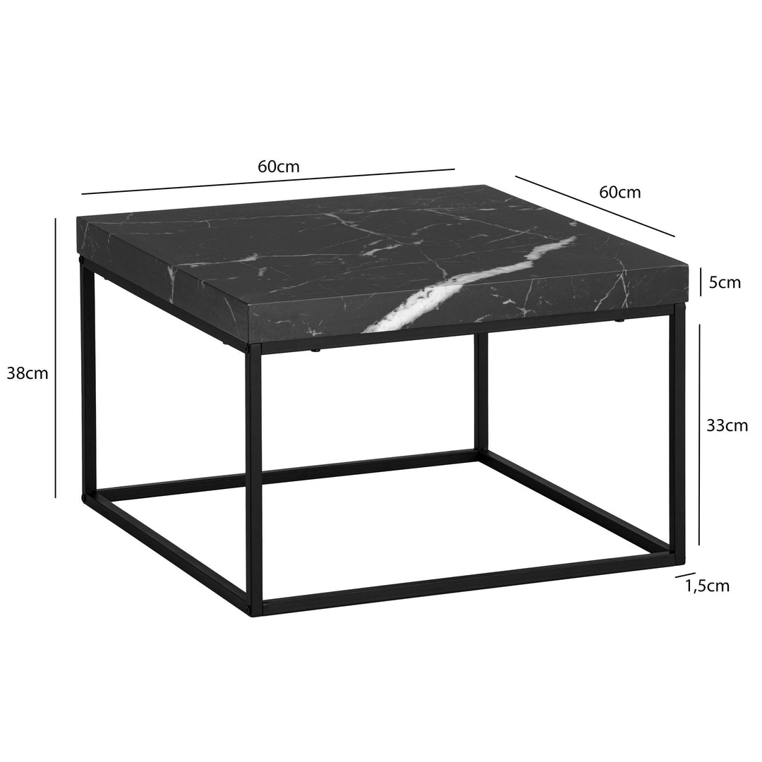 Kvadratisk sofabord i sort marmorlook - 60 x 60 cm - Metalstel
