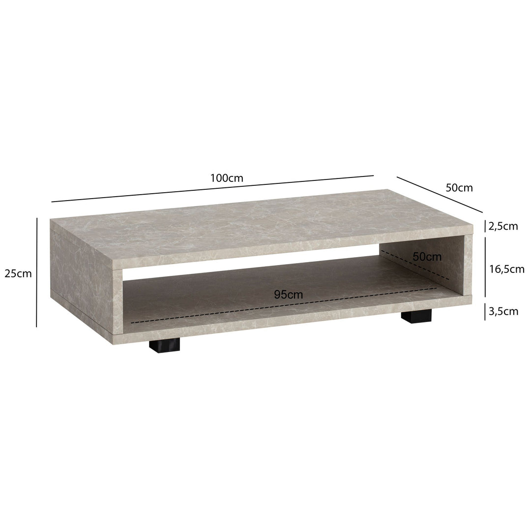 Sofabord 100x50x25 cm, sandfarvet sofabord i stenlook, moderne design, rektangulært stuebord med opbevaring, beige loungebord, enkelt, stort sofabord