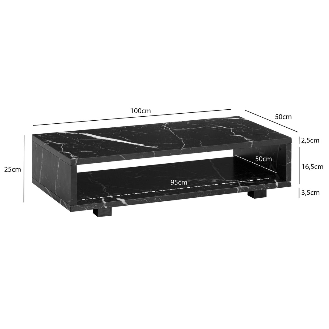 Sofabord i sort marmorlook med opbevaring - 100 x 50 cm
