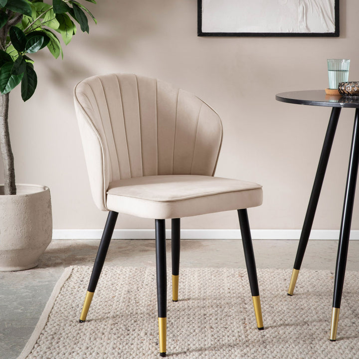 Spisestolssæt med 2, fløjlsbeige, køkkenstol med metalben, skalstol, skandinavisk design, polstret stol med stofbetræk, polstret stol