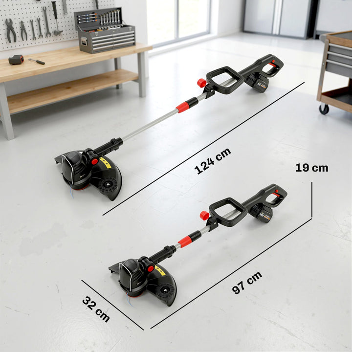 Batteridrevet plænetrimmer/buskrydder med 30 cm klippebredde