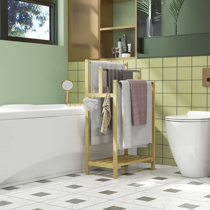 Fritstående håndklædetørrer med 3 stænger, bambus/rustfrit stål, 50,5 x 31 x 90 cm