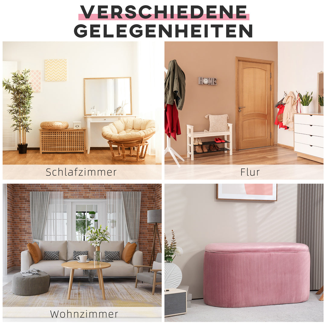 Bænk med opbevaringsplads, polstret fodskammel, retrodesign, fløjlslook, 81 cm x 40 cm x 41 cm, antik pink