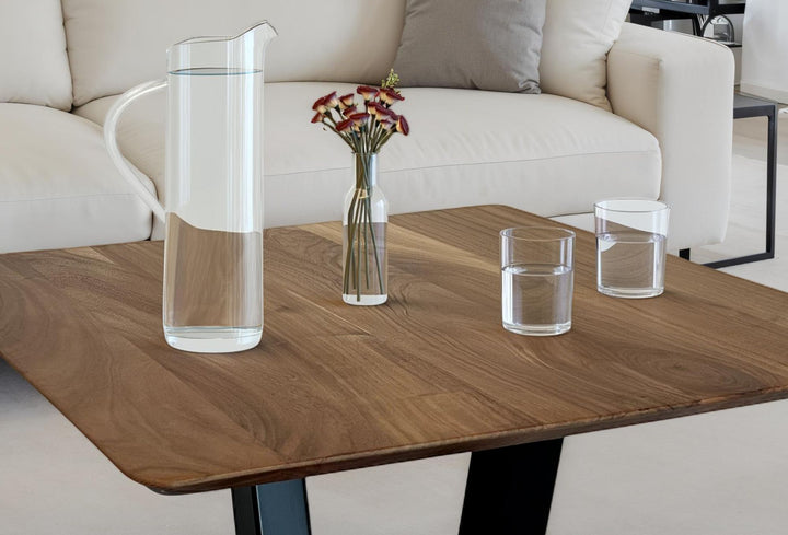 Sofabord 60x60x40 cm, massivt akacietræ, metalsofabord, firkantet, designer stuebord med naturlig træåring, sofabord i industriel stil til moderne stuer