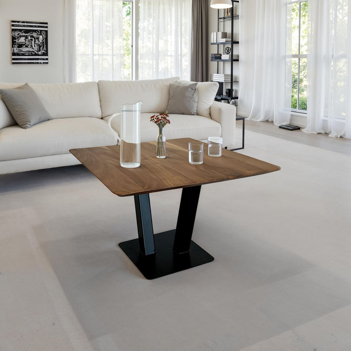 Sofabord 60x60x40 cm, massivt akacietræ, metalsofabord, firkantet, designer stuebord med naturlig træåring, sofabord i industriel stil til moderne stuer