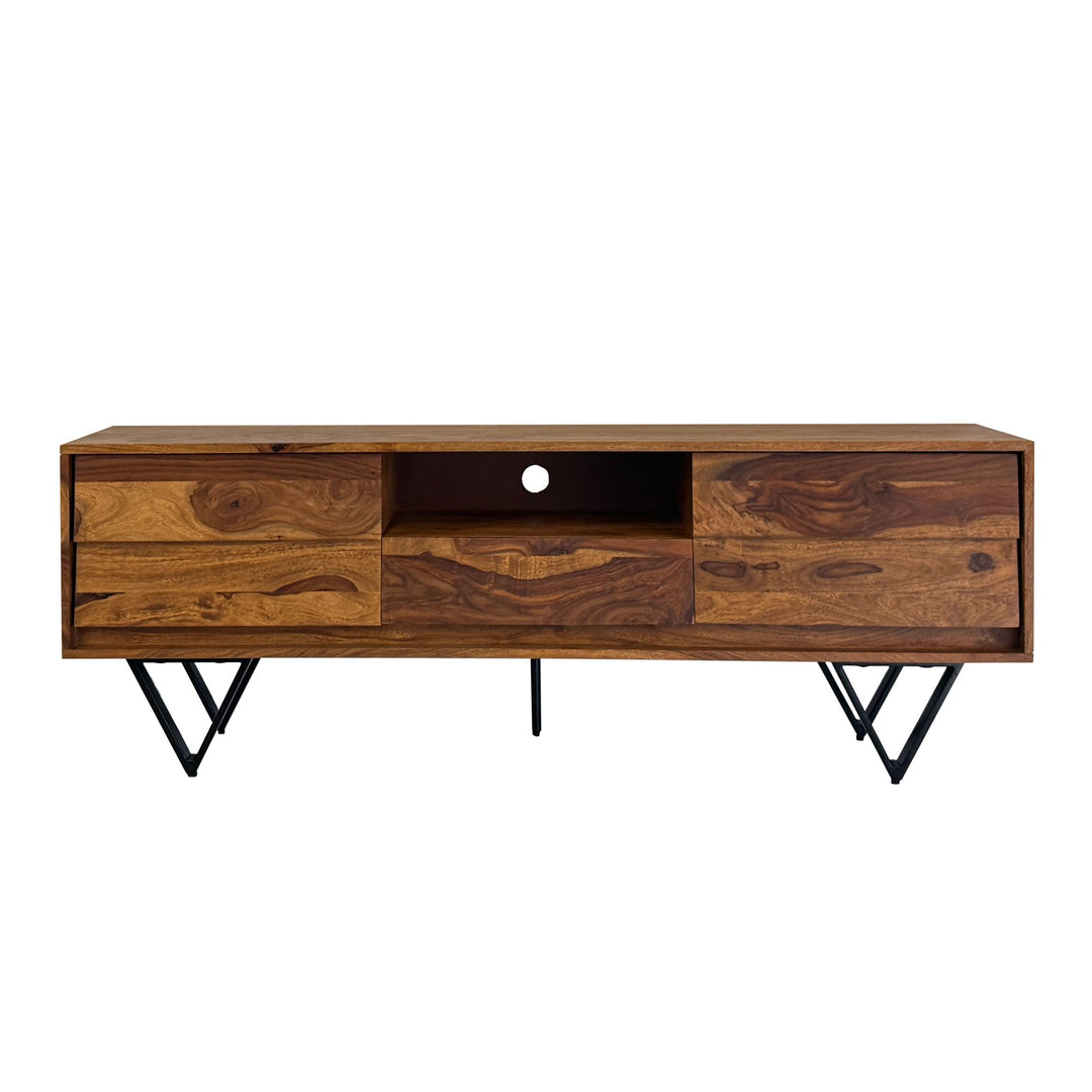 TV-lavbord i massivt sheeshamtræ, 160 cm, TV-bord med låger, skuffe, åbent rum og kabelhåndtering, TV-bord med 3D-fronter og sorte metalfødder i industrielt design.