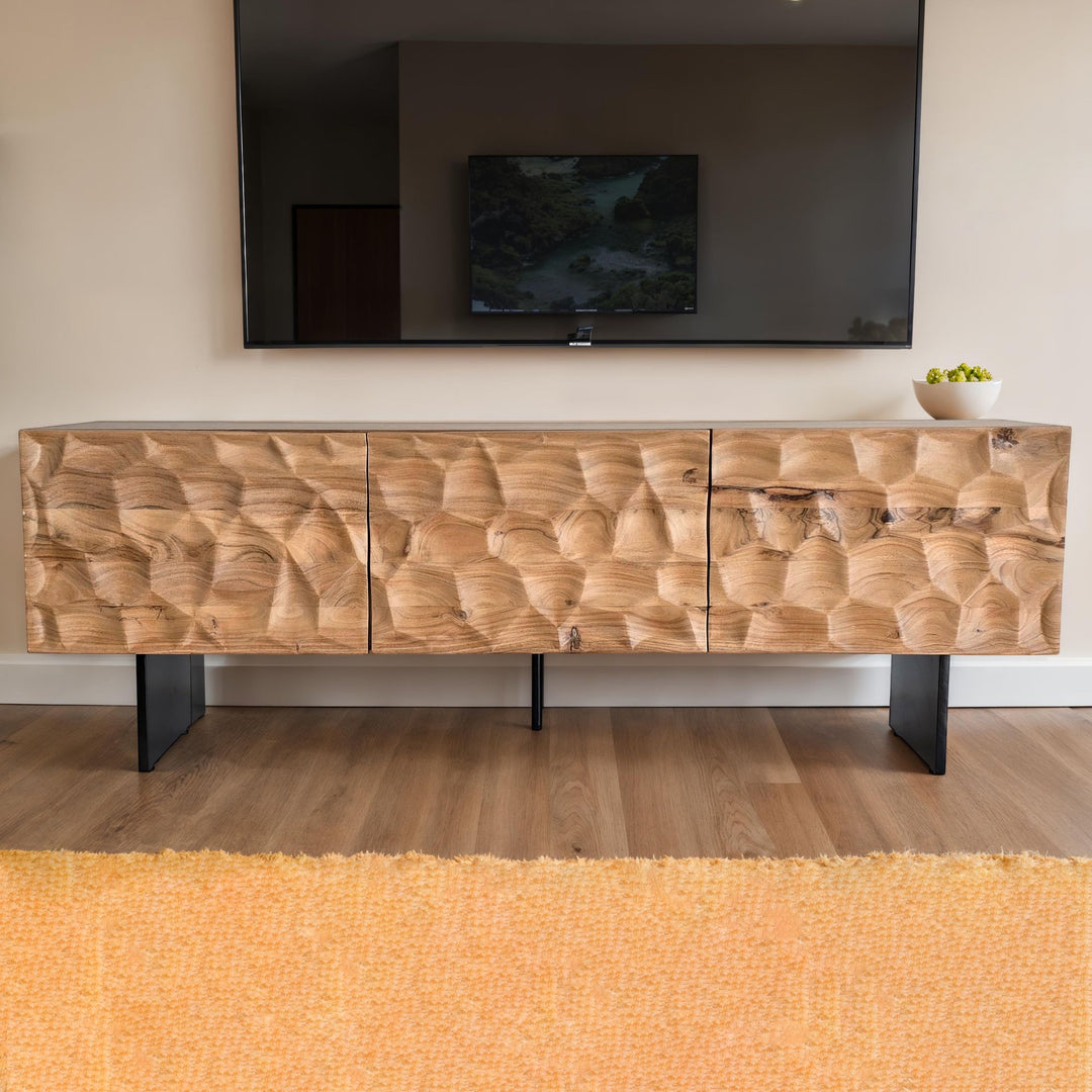 Lavskab i massivt akacietræ, 160x56x37 cm, designer TV-bord med 3D-effekt, TV-bord til stue med metalben