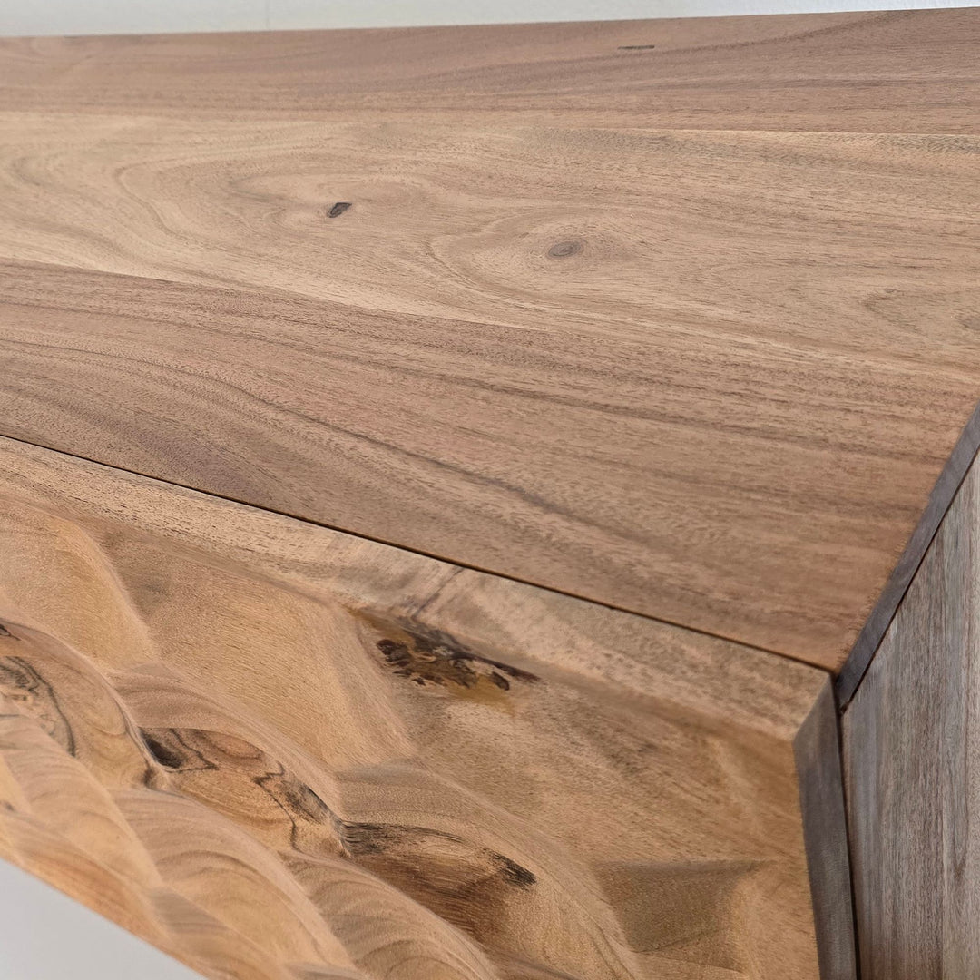 Lavskab i massivt akacietræ, 160x56x37 cm, designer TV-bord med 3D-effekt, TV-bord til stue med metalben