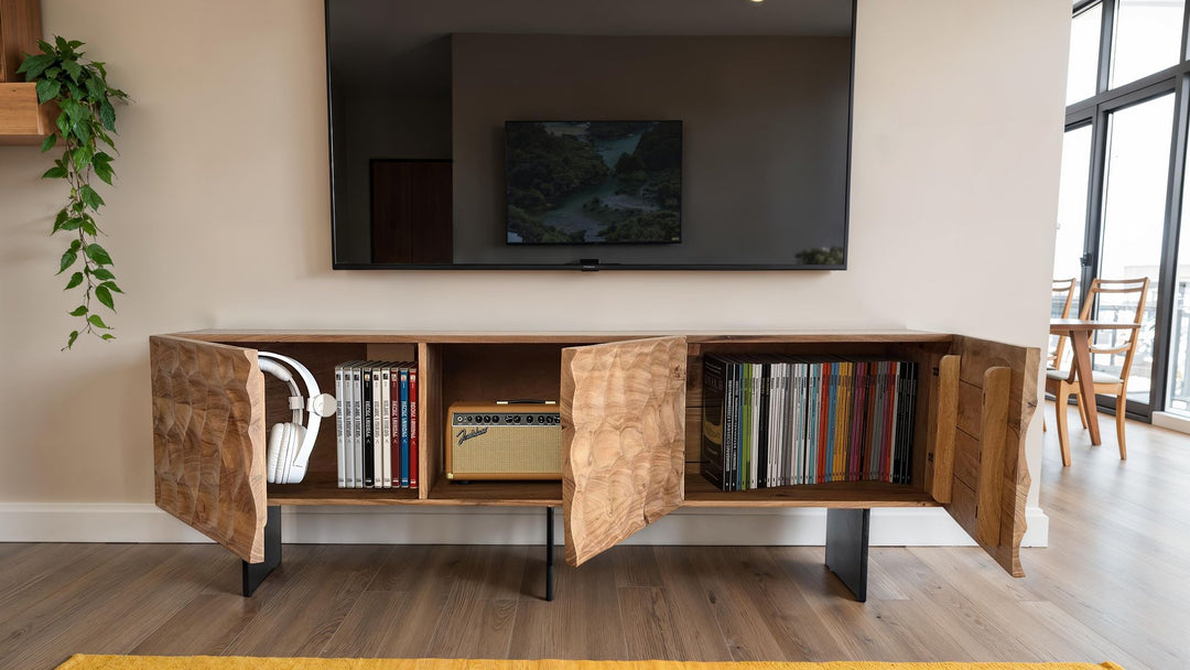 Lavskab i massivt akacietræ, 160x56x37 cm, designer TV-bord med 3D-effekt, TV-bord til stue med metalben