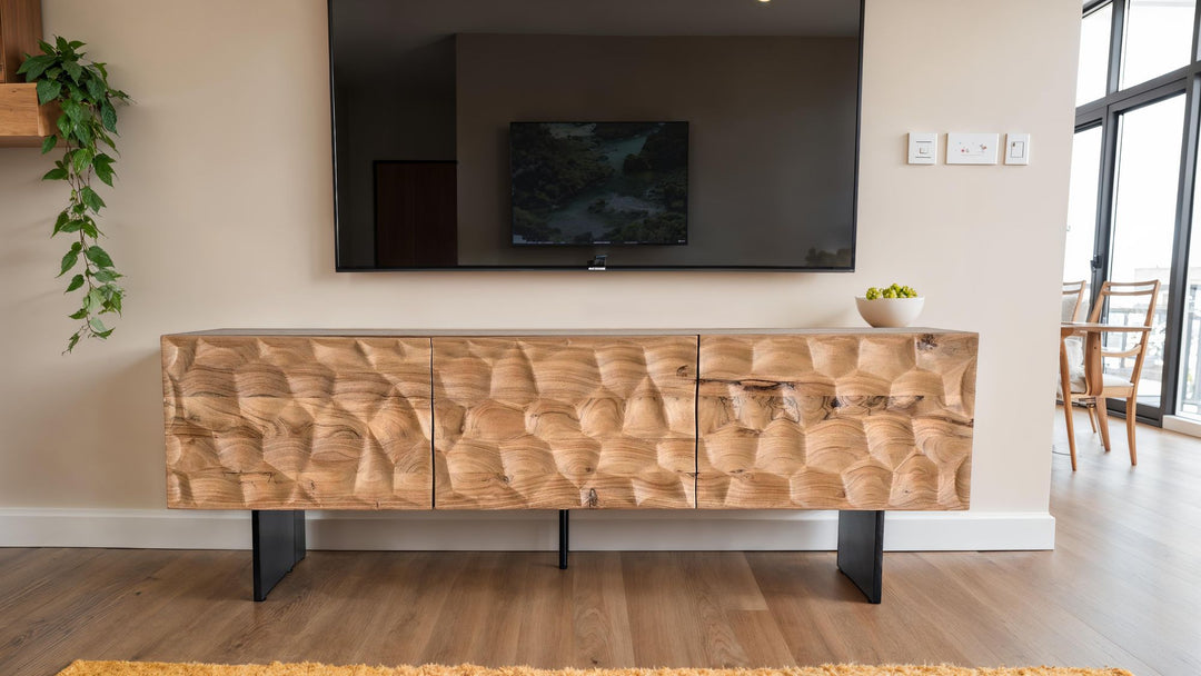 Lavskab i massivt akacietræ, 160x56x37 cm, designer TV-bord med 3D-effekt, TV-bord til stue med metalben