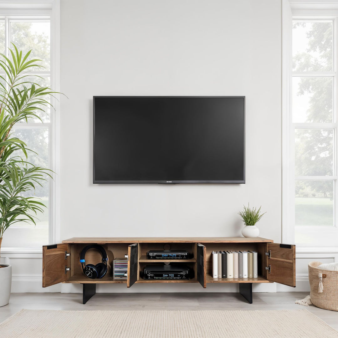 Designer tv-bord i massivt træ, 150 cm, stenlignende fronter og metalstel, industrielt look