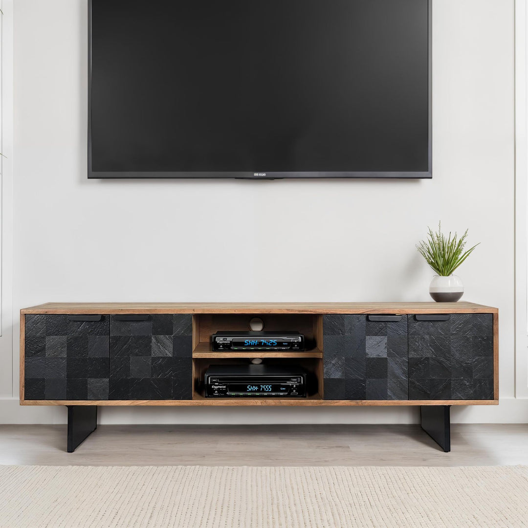 Designer tv-bord i massivt træ, 150 cm, stenlignende fronter og metalstel, industrielt look
