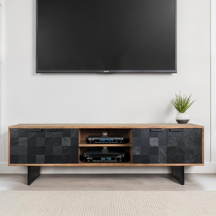 Designer tv-bord i massivt træ, 150 cm, stenlignende fronter og metalstel, industrielt look