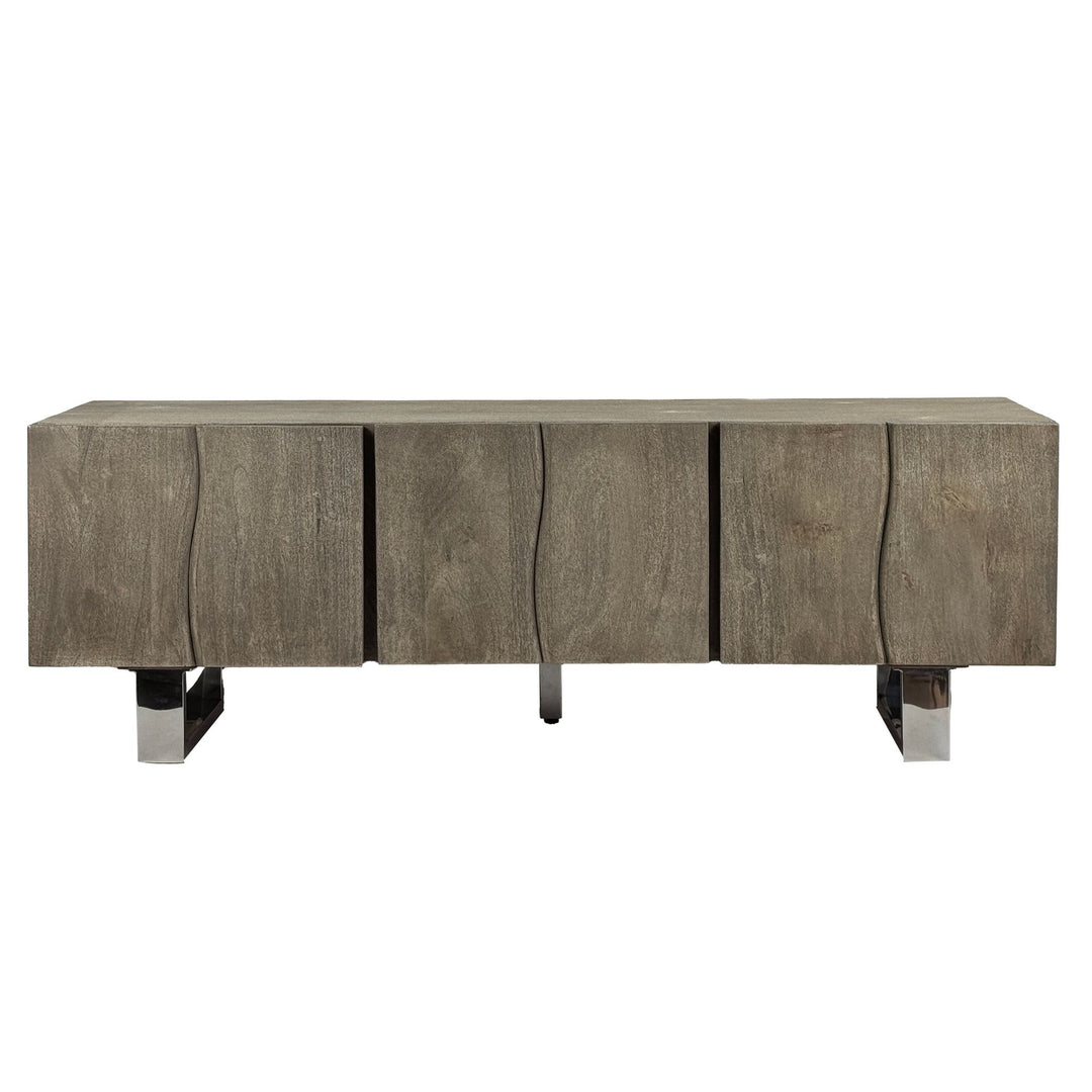 Designer tv-bord i massivt akacietræ, røget grå, 160x56x46 cm, tre låger, metalben, industrielt look