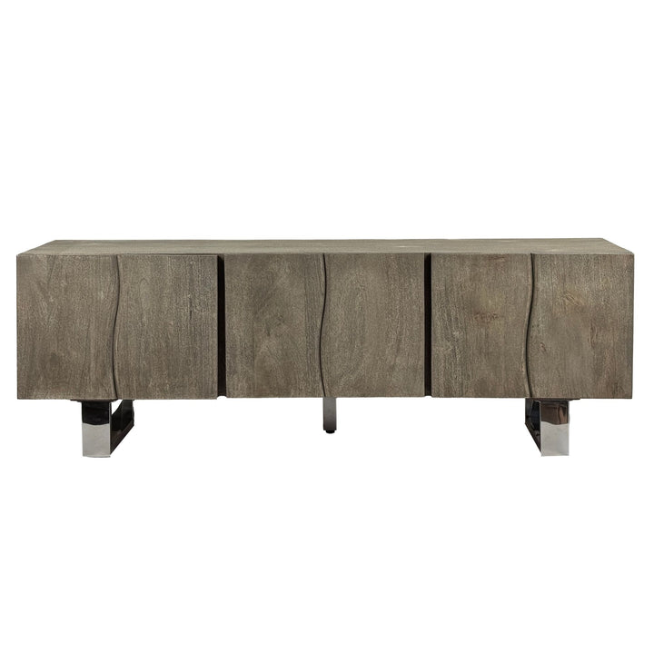 Designer tv-bord i massivt akacietræ, røget grå, 160x56x46 cm, tre låger, metalben, industrielt look