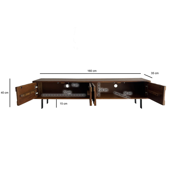 Designer TV-kommode i massivt træ, 160 cm, 3D-fronter, 4 døre, kabelstyring og sorte metalben