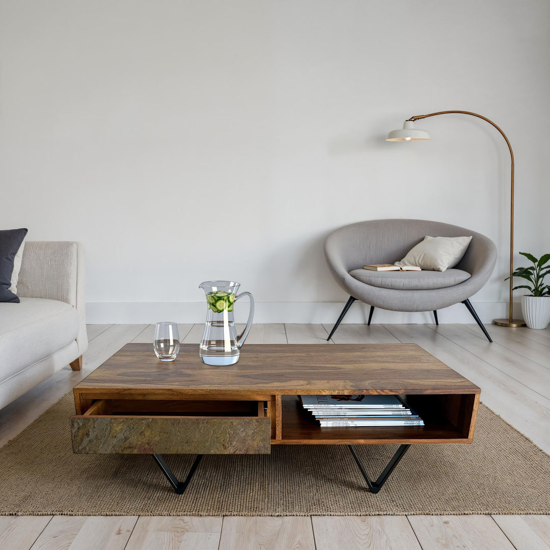 Sheesham sofabord i massivt træ, 115 cm, sofabord med 2 skuffer og opbevaringsrum, stenlignende front, sort metalstel, industrielt design