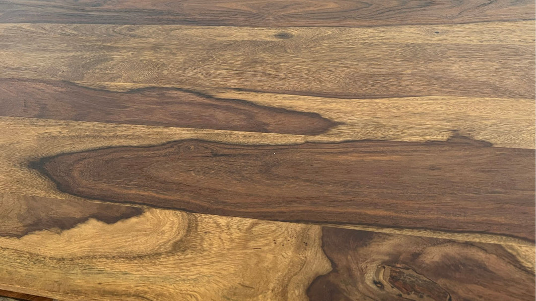 Sheesham sofabord i massivt træ, 115 cm, sofabord med 2 skuffer og opbevaringsrum, stenlignende front, sort metalstel, industrielt design