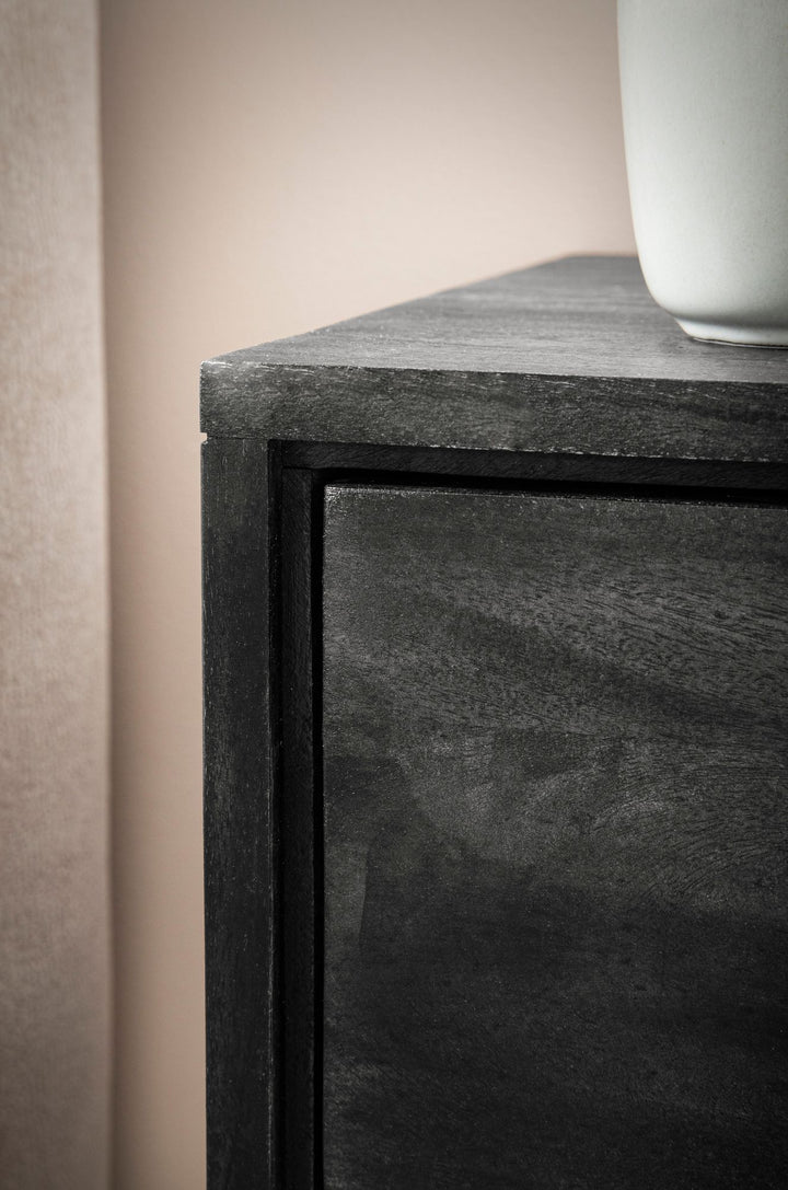 Sengebord i massivt akacietræ, 45x40x57 cm, til boxmadras, moderne sort natbord med 2 skuffer, opbevaringsplads og metalramme