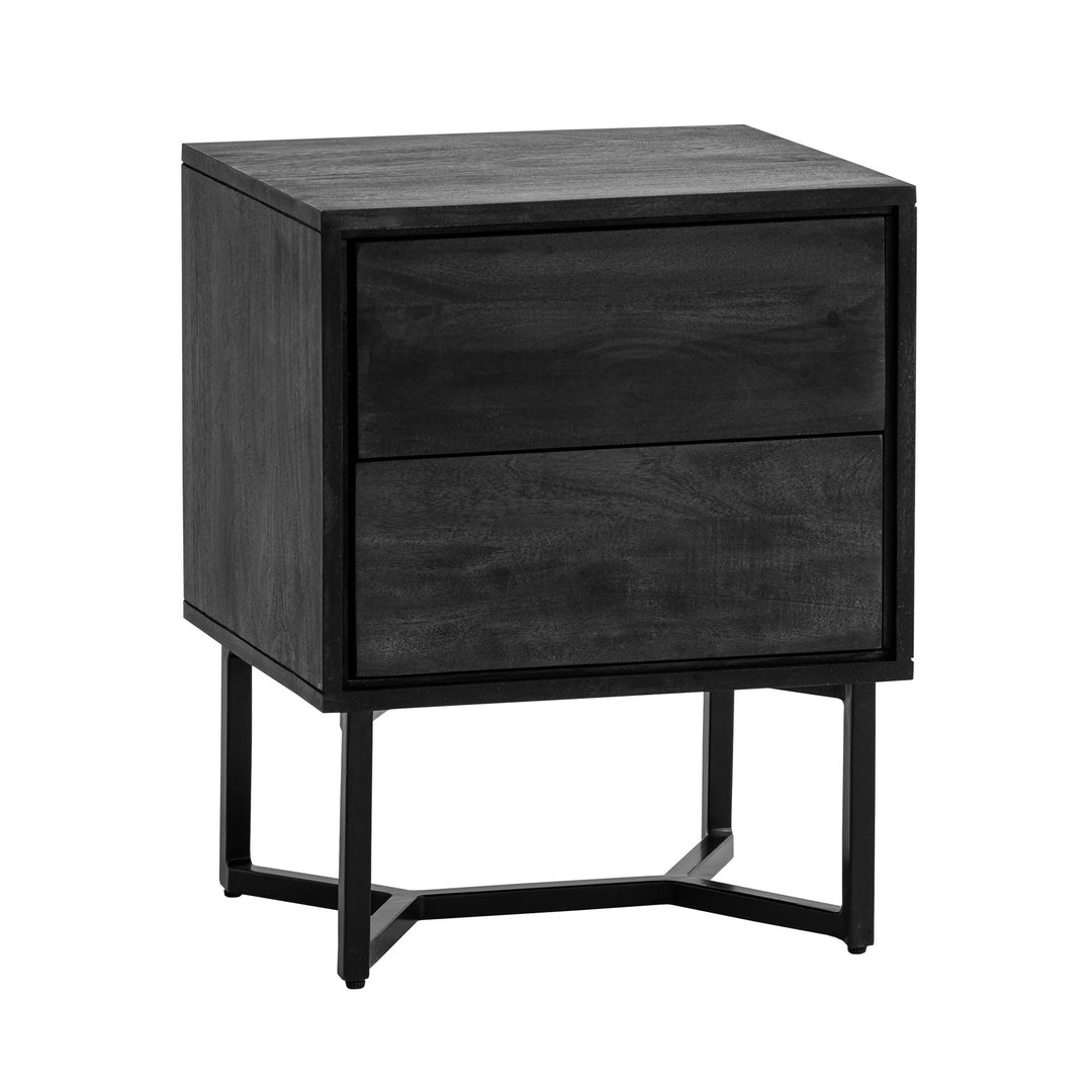 Sengebord i massivt akacietræ, 45x40x57 cm, til boxmadras, moderne sort natbord med 2 skuffer, opbevaringsplads og metalramme