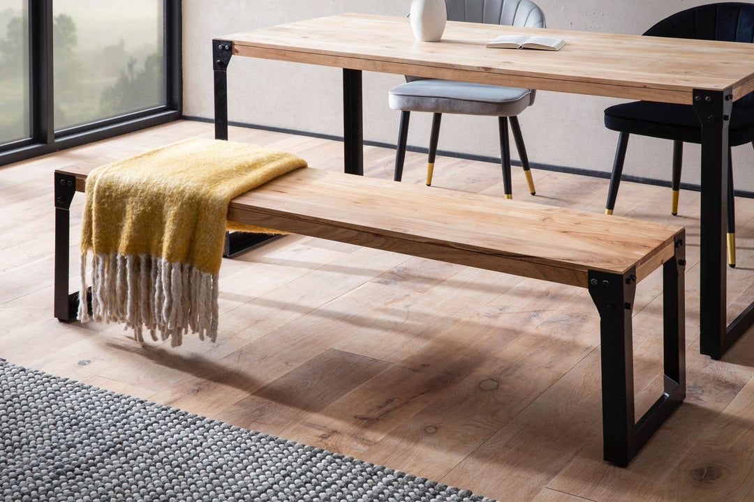 Spisebænk 160x40x45 cm, massivt akacietræ, metal, industriel stil; spisebænk i massivt træ uden ryglæn; moderne køkkenbænk/spisebænk; stor spisebænk