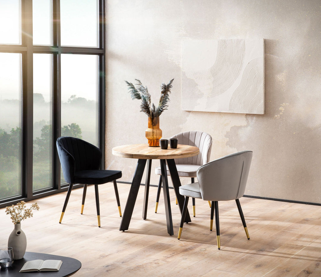 Spisebord 80x80x75 cm, massivt mangotræ, moderne spisebord, massivt trækøkkenbord med metalben, rundt træspisebord, lille træspisebord