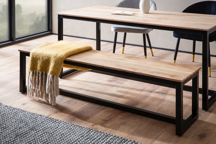 Spisebænk 160x40x45 cm, massivt akacietræ, metal, loftstil; spisebænk i massivt træ uden ryglæn; køkkenbænk i industriel stil; stor spisebænk