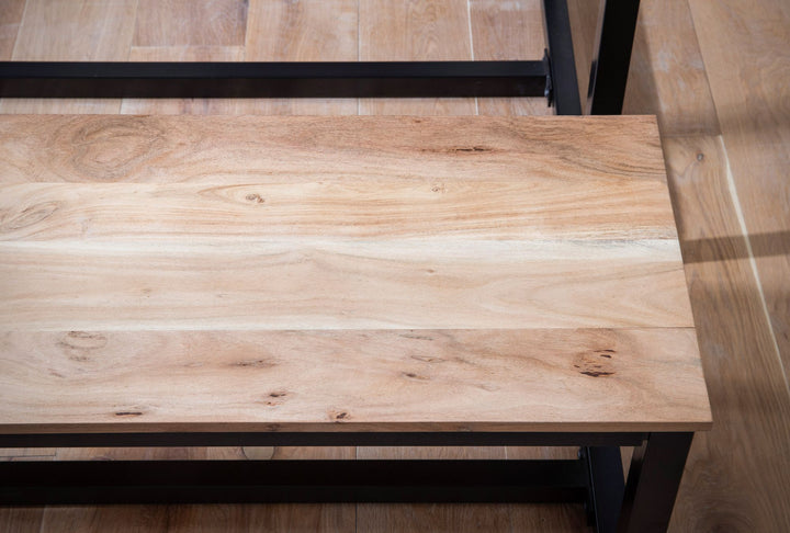 Spisebænk 160x40x45 cm, massivt akacietræ, metal, loftstil; spisebænk i massivt træ uden ryglæn; køkkenbænk i industriel stil; stor spisebænk