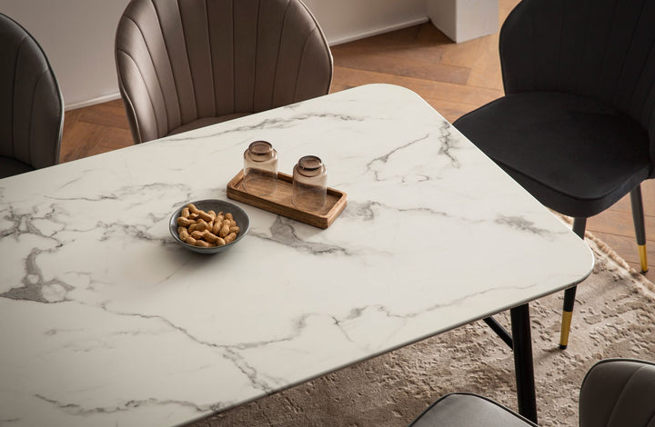 Spisebord med bordplade i hvid marmorlook - 160 x 80 cm - Metalstel