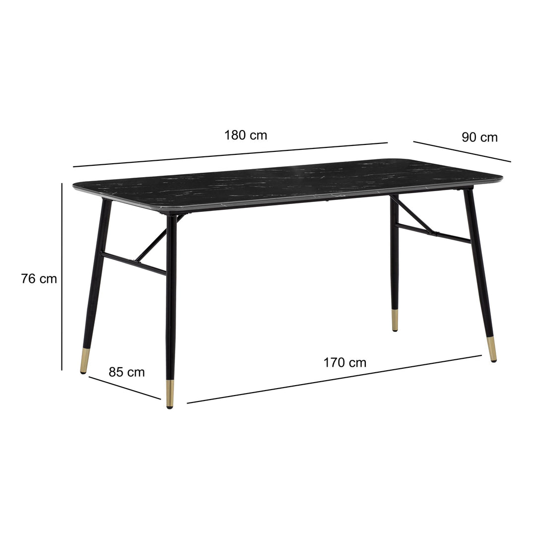 Spisebord med bordplade i sort marmorlook - 180 x 90 cm - Metalstel