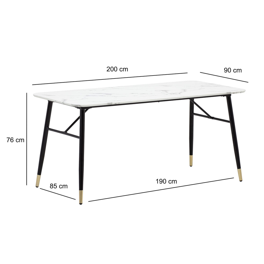 Spisebord med bordplade i hvid marmorlook - 200 x 90 cm - Metalstel