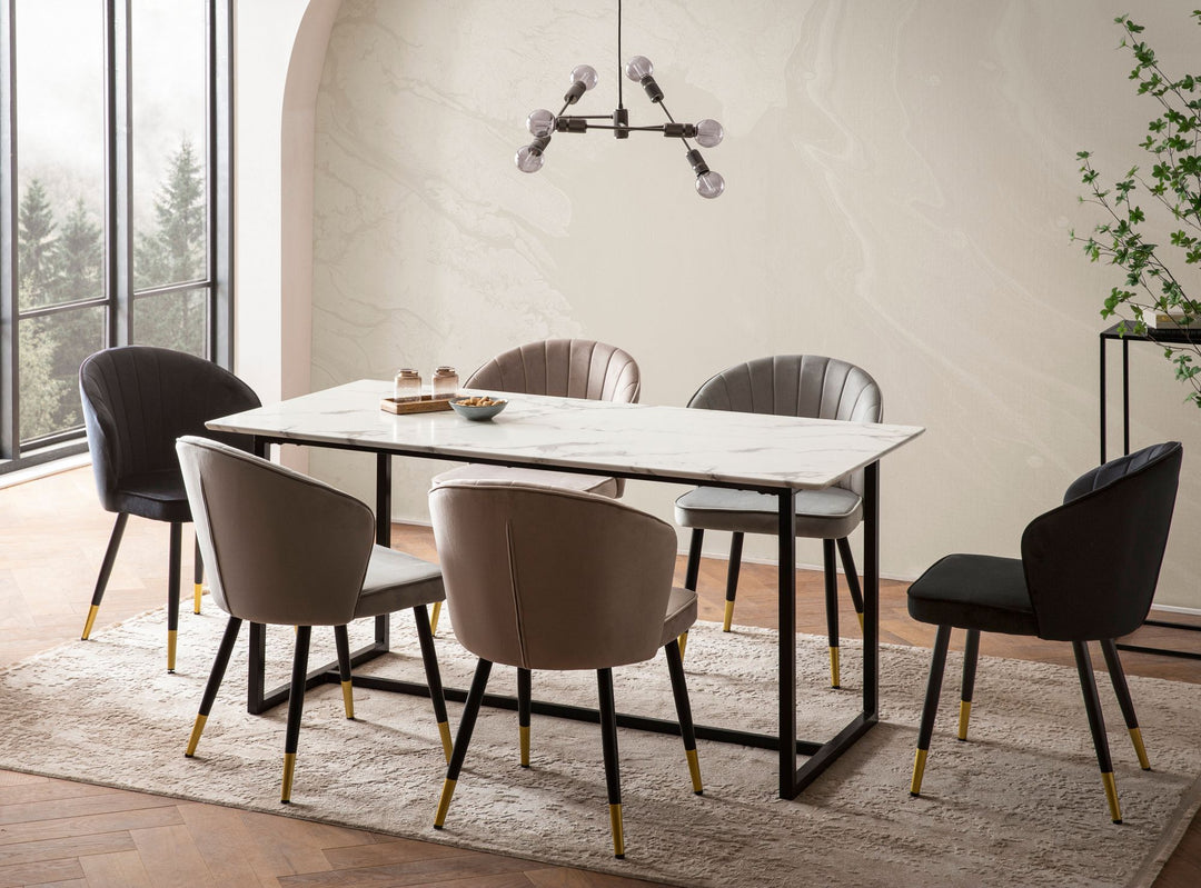 Spisebord 120x60x76 cm, køkkenbord, hvidt med marmorlook, moderne, lille spisebord, rektangulært spisebord, spisebord med metalben