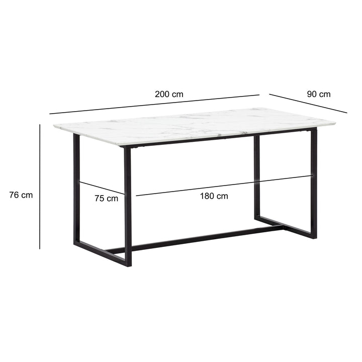 Rektangulært Spisebord 200x90 cm i Hvid Marmorlook – Moderne Designbord med Metalben