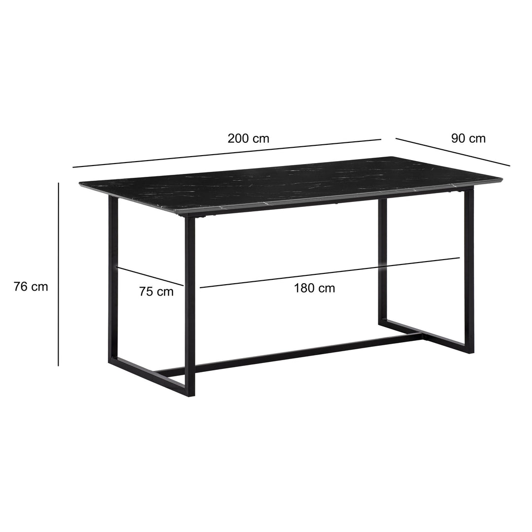 Spisebord 200x90 cm i Sort Marmorlook – Rektangulært Designbord med Metalben